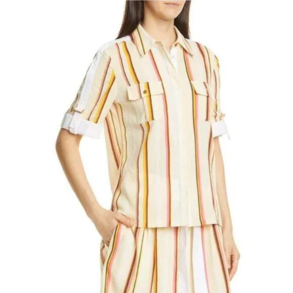 Tory Burch Canyon Stripe Cotton Shirt Size 6 Collared Multicolor Button Down - Picture 3 of 12